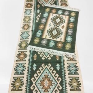 Set 2 covoare traditionale, tesute, doua fete - 1 bucata (60x90 cm)+1 bucata (60x150 cm), romb verde