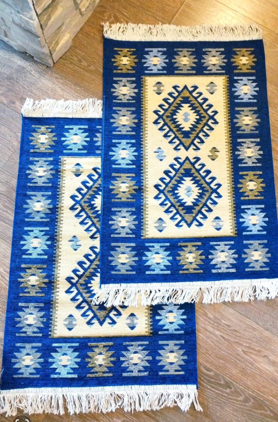 Set 2 covoare traditionale, tesute, doua fete 60x90 cm, romb albastru