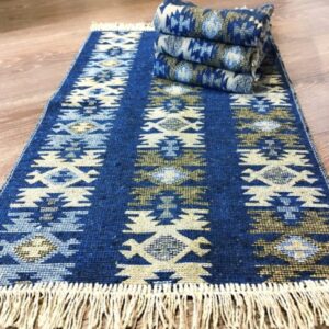 Set 4 covoare traditionale, tesute, coloane albastru 60x200 cm